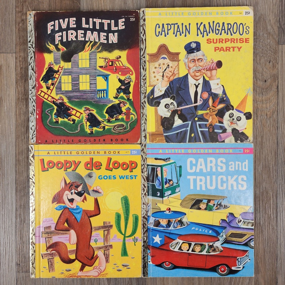 Vintage Little Golden Books Lot of 4 Five Little Firemen Captain Kangaroo Loopy